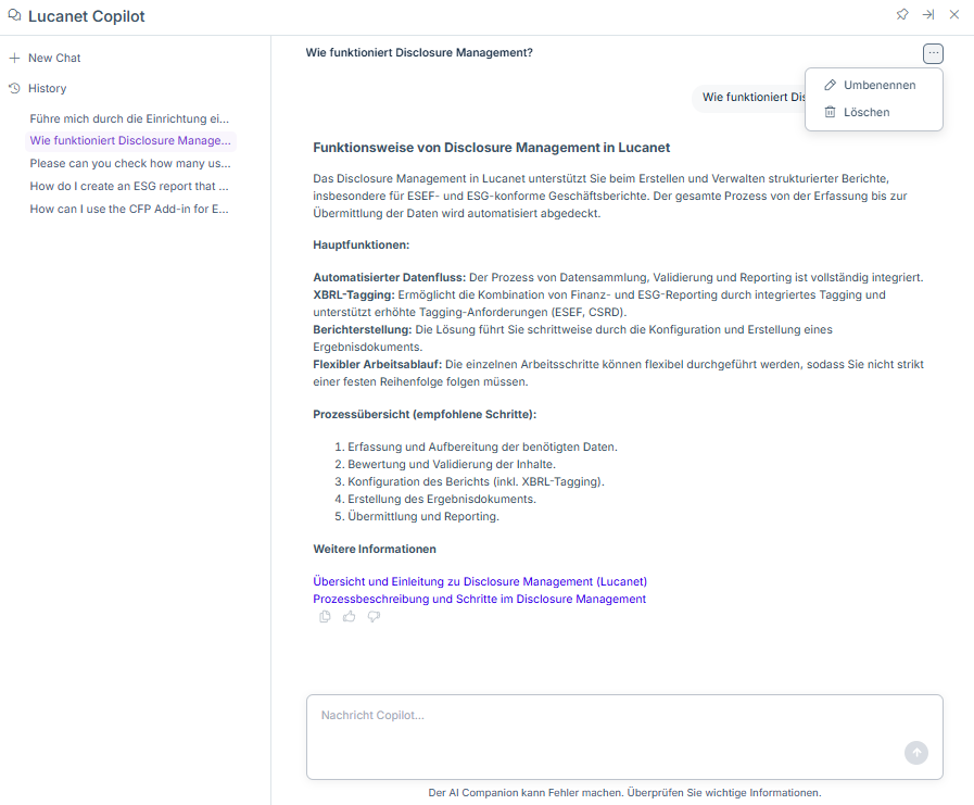 Zeigt das Lucanert Copilot-Panel im aufgeklappten Zustand. Zu sehen ist links eine Chat-Historie und rechts eine Antwort auf eine Chat-Frage, inkl. einer Grafik