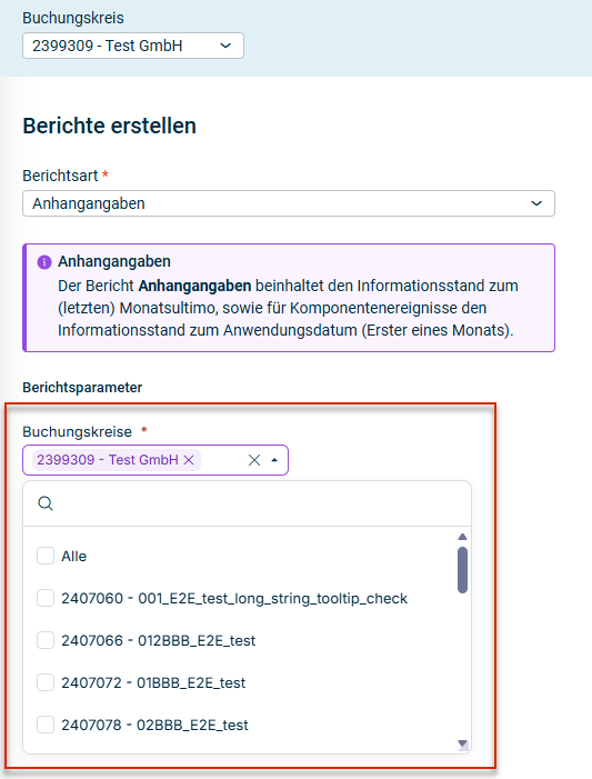 Zeigt den Arbeitsbereich „Berichte erstellen“. Rot hervorgehoben ist das Dropdown-Menü, über das mehrere Buchungskreise für das Feld „Buchungskreise“ ausgewählt werden können.