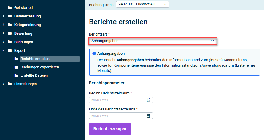 Zeigt die Felder zum Erstellen des Beirhcts Anhangangaben im Arbeitsbereich 'Berichte erstellen'. Markiert ist die Dropdown-Liste zur Auswahl des Berichtstyps.