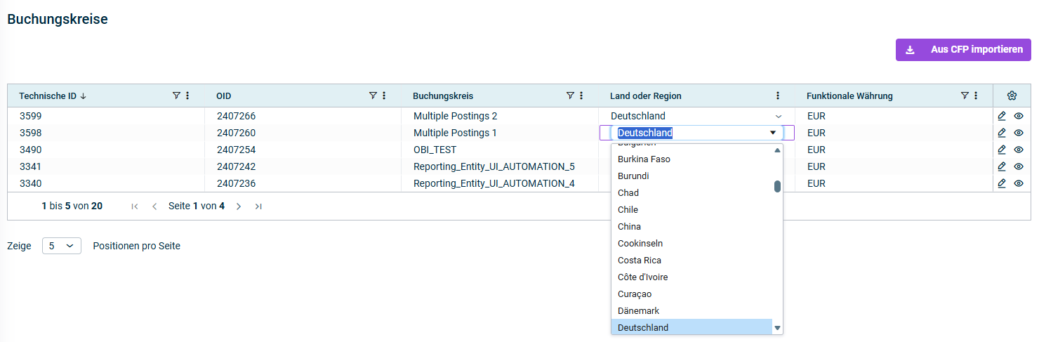 Zeigt die Tabelle „Buchungskreise“ an. In der Spalte „Land oder Region“ wird ein Dropdown-Menü geöffnet, in dem Sie ein anderes Land oder eine andere Region wählen können.