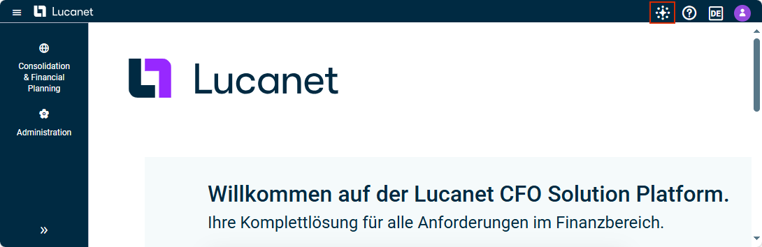 Die Startseite der CFO Solution Platform wird angezeigt. Der Lucanet Copilot in der Kopfleiste ist rot hervorgehoben.