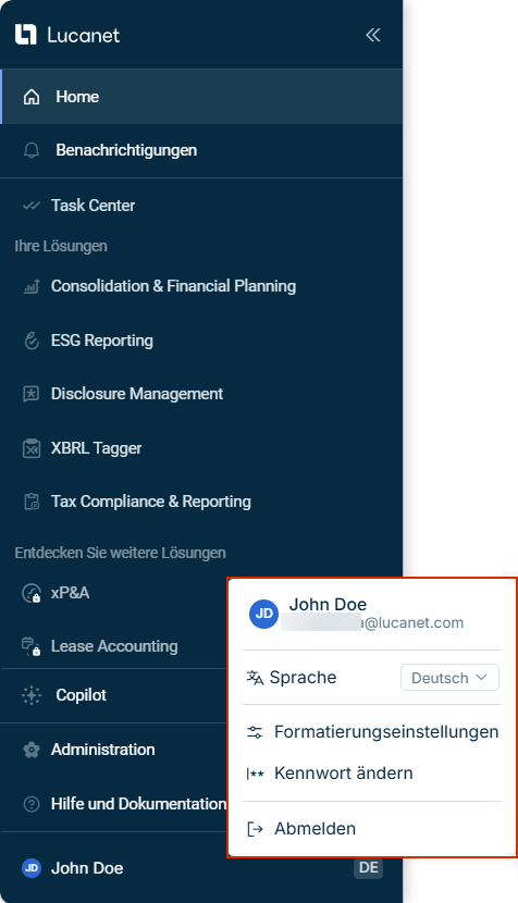 Neues Hauptmenü der Lucanet CFO Solution Platform im ausgeklappten Zustand mit geöffnetem Kontomenü, das Benutzerinformationen, Sprachauswahl, Formatierungseinstellungen, Kennwort ändern und Abmelden anzeigt