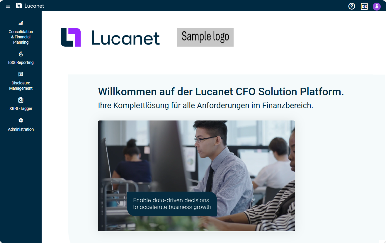 Zeigt die Startseite an. Neben dem Lucanet-Logo befindet sich ein Beispiel für ein Kundenlogo.