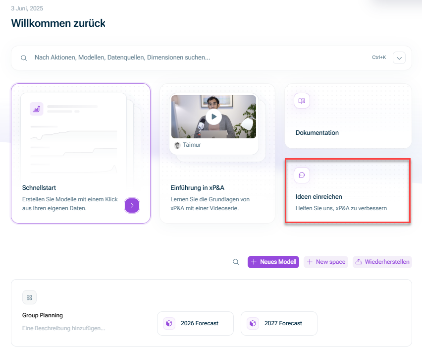 Zeigt die Startseite von Lucanet xP&A. Hervorgehoben ist der Link zum Formular für Verbesserungsvorschläge