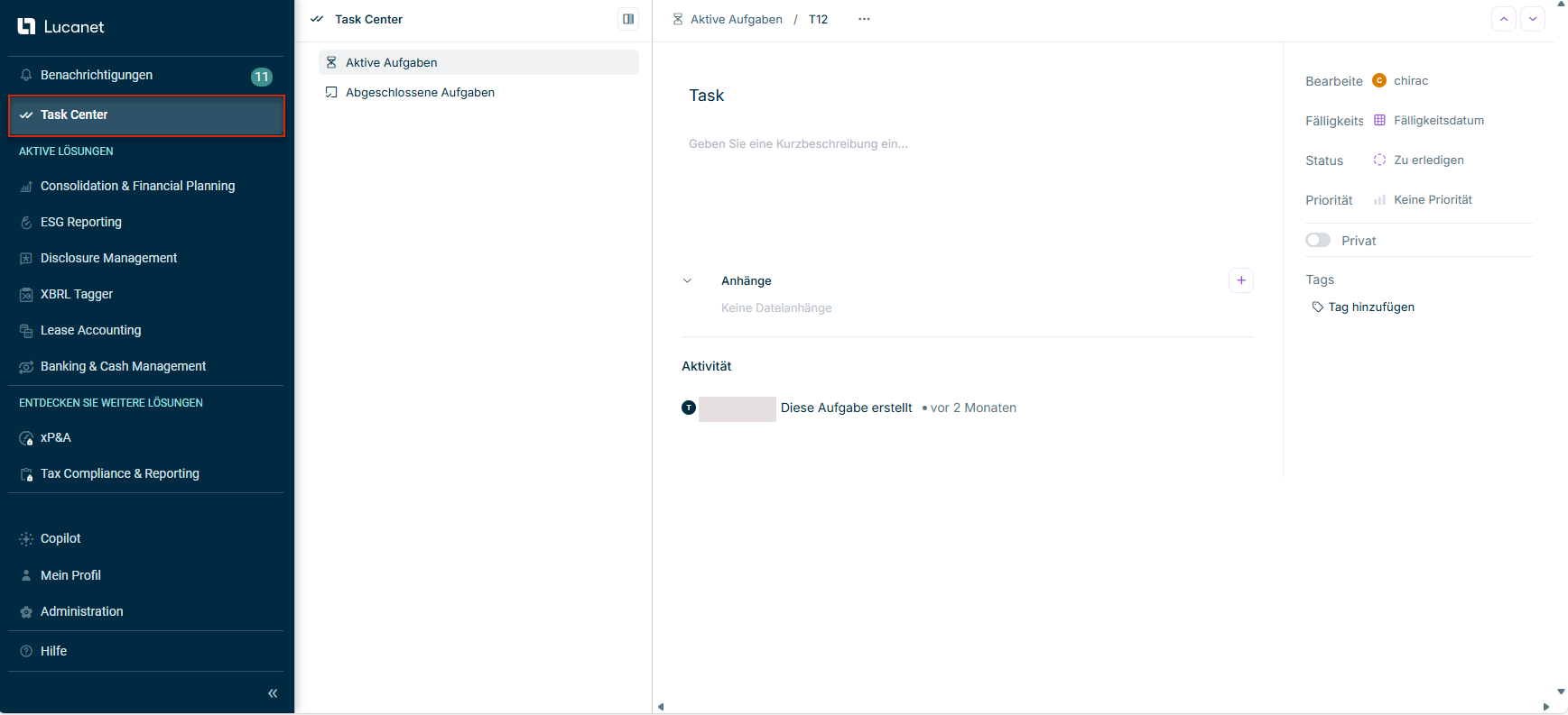 Zeigt die Task Center-Oberfläche mit Details zu einer Aufgabe an.