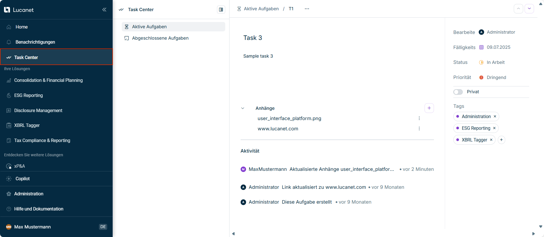 Zeigt die Benutzeroberfläche des Task Centers an.