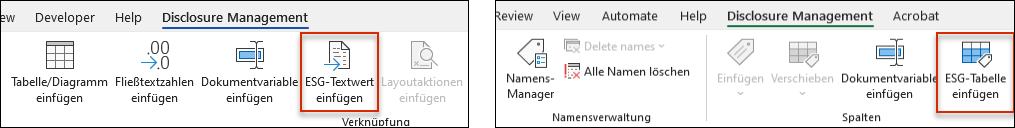 Kombinierter Screenshot mit einem Ausschnitt aus dem Word-Ribbon und einem Ausschnitt aus dem Excel-Ribbon. Im Word-Ribbon ist die SChaltfläche 'ESG-Textwert einfügen' umrandet, im Excel-Ribbon ist die Schaltfläche 'ESG-Tabelle einfügen' rot umrandet. '