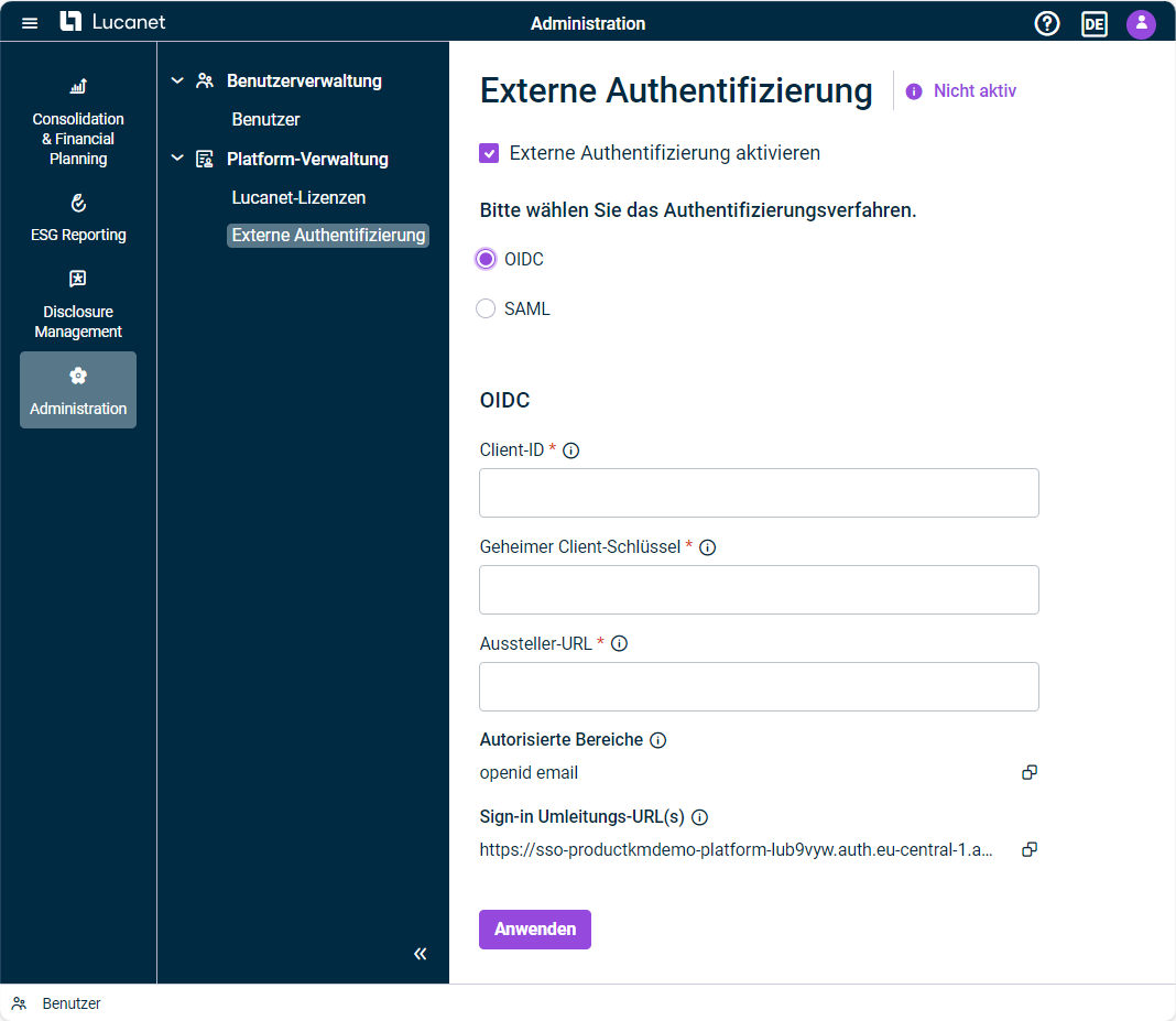 Der Arbeitsbereich 'Externe Authentifizierung' in der Platform-Verwaltung wird angezeigt. Die Option 'Externe Authentifizierung aktivieren' und die Authentifizierungsmethode 'OIDC' sind aktiviert.