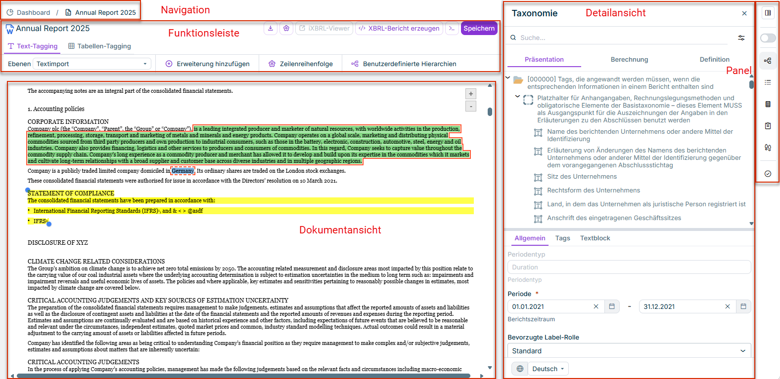 Zeigt die Benutzeroberfläche des XBRL-Tagger. Rot umrandet sind die Bereiche der Benutzeroberfläche am Beispiel einer Dokumentansicht, d. h. die die Übersicht mit den Arbeitsbereichen und die Detailansicht..