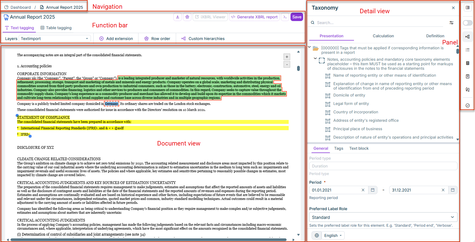Displays the XBRL Tagger user interface. The corresponding areas of the user interface are marked using the example of a document view. The marked areas are the overview of workspaces, and the detail view.