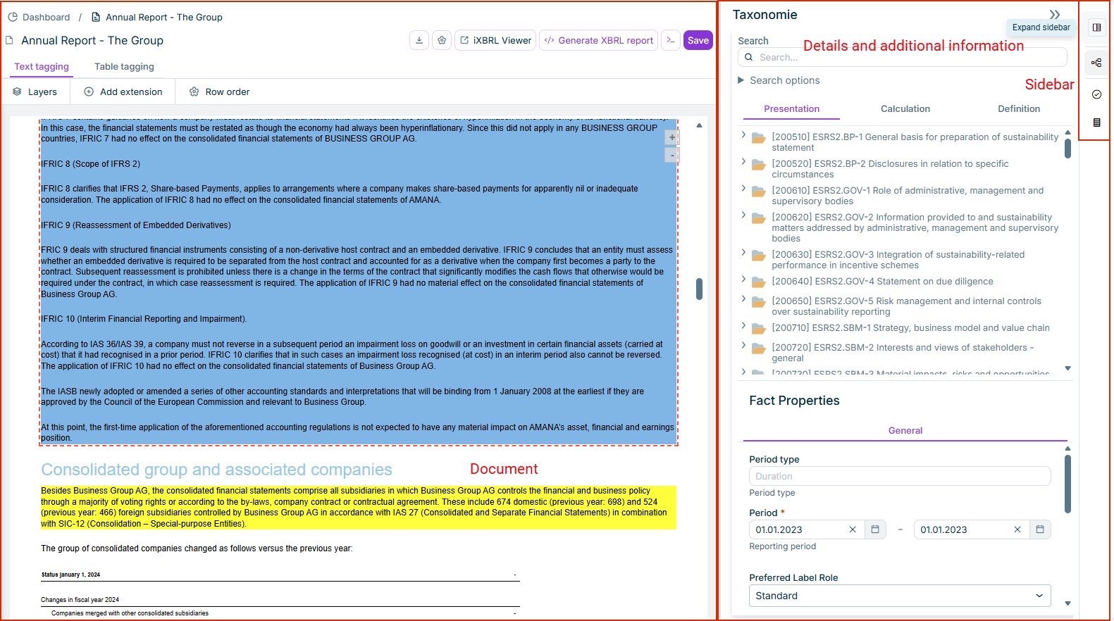 Shows the 'XBRL document' workspace. The headings of the three main areas 'The Group', 'Properties,' and 'Taxonomy' are outlined in red.