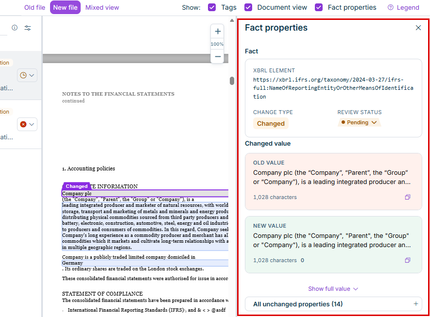 Fact properties for a change