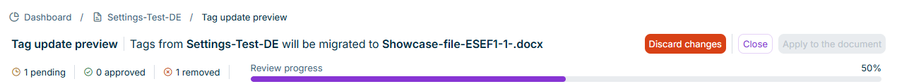 Header of the Tag Update Preview with breadcrumb, status bar, and progress display
