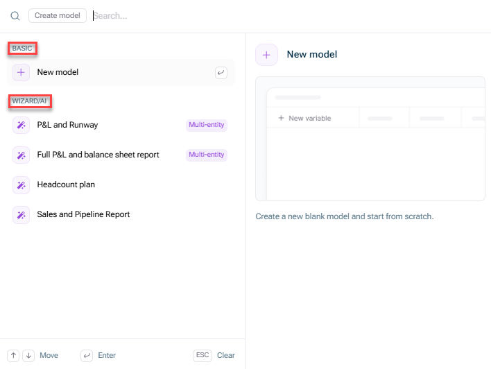The dialog used to create a new model is shown. The sections BASIC, WIZARD/AI and TEMPLATES are highlighted.