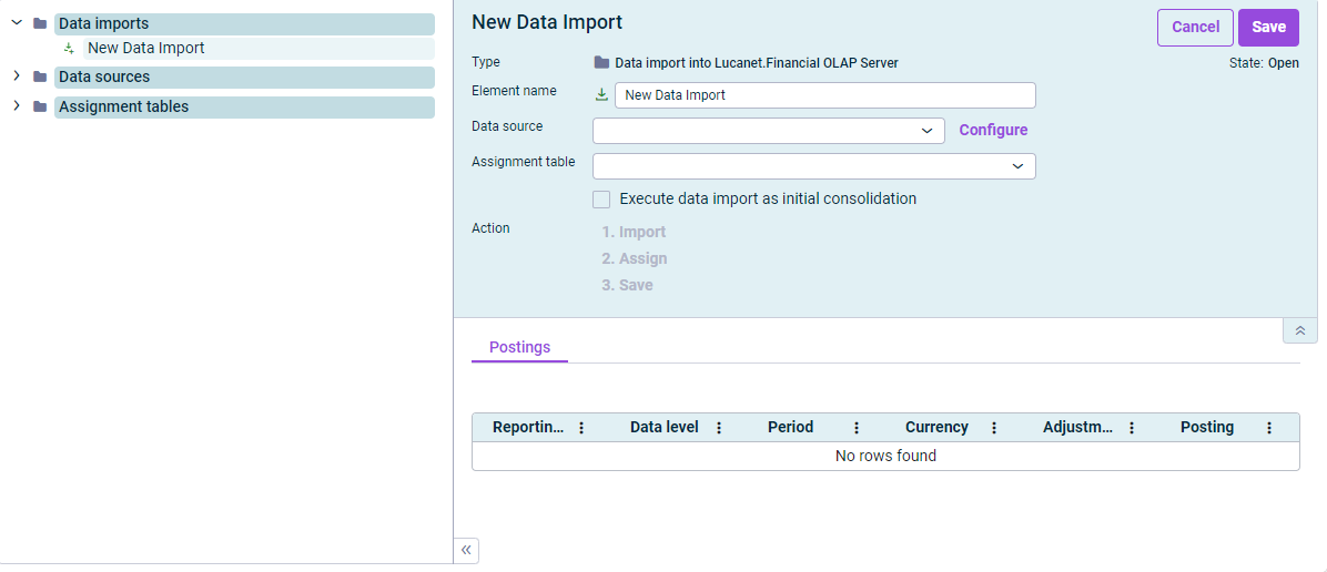 Shows the detail view of a new data import, with fields for 'Element name', 'Data source', and 'Assignment table', the 'Execute data import as initial consolidation' checkbox, and the numbered actions '1. Import', '2. Assign', and '3. Save'.