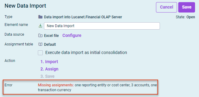 Shows the detail view of a data import. Highlighted in red is the error message 'Missing assignments: one reporting entity or cost center, 3 accounts, one transaction currency'.