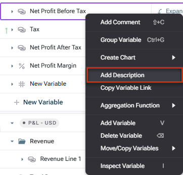 Shows the right-click context menu for the Net Profit Before Tax variable in Lucanet xP&A, with options including Add Comment, Group Variable, Create Chart, Copy Variable Link, Aggregation Function, Add Variable, Delete Variable, Move/Copy Variables, and Inspect Variable. Highlighted in red is the Add Description option.