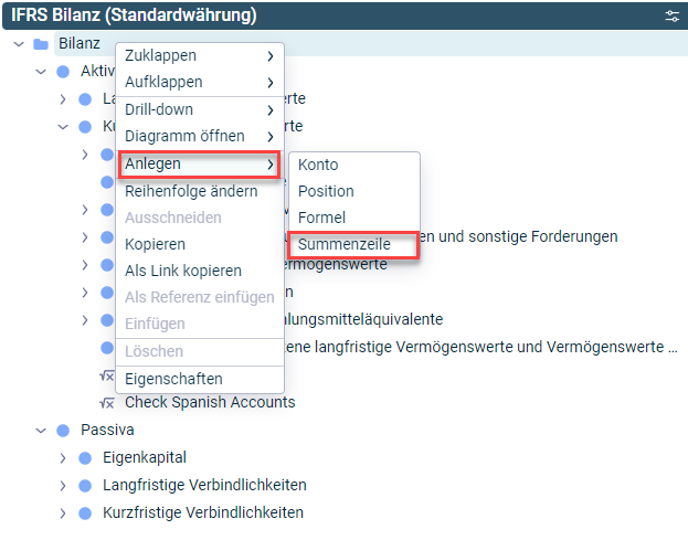 Es wird das Kontextmenü mit dem Befehl zum Anlegen einer Summenzeile in einem Wurzelordner angezeigt.