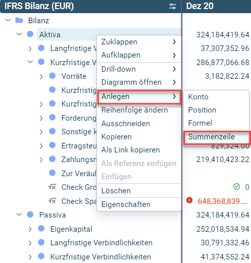 Es wird das Kontextmenü mit dem Befehl zum Anlegen einer Summenzeile in einer Position angezeigt.