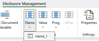 The menu of the 'Name' button is displayed in the Excel ribbon.