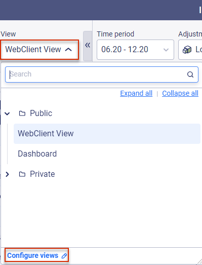 The button 'Configure views' is displayed in the drop-down list 'View'.