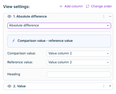 The column settings for the column type 'Absolute difference' are displayed. Further information can be found in the description.
