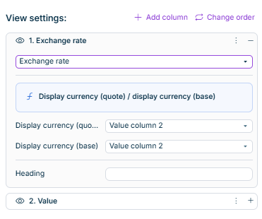The column settings for the column type 'Exchange rate' are displayed. Further information can be found in the description.