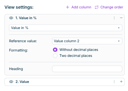 The column settings for the column type 'Value in %' are displayed. Further information can be found in the description.