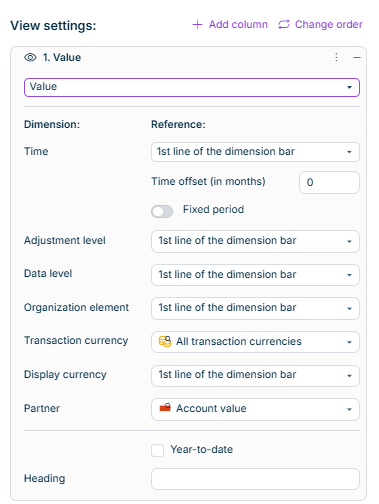 The column settings for the column type 'Value' is displayed