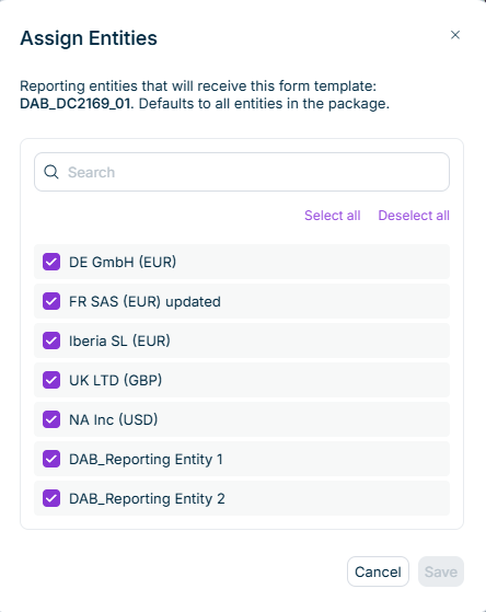 The dialog for assigning reporting entities displays a search field, the actions for selecting and deselecting all reporting entities, and the list of reporting entities in the reporting package.