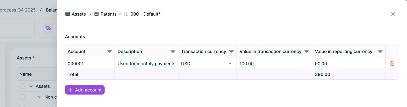 Drill down modal showing a single-level list of Local Account entries with Code, Description, Transaction Currency, Value in TC, and Value in RC columns