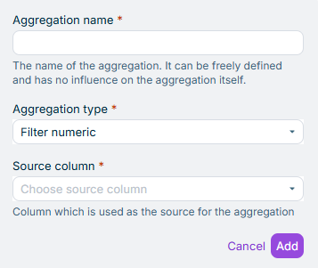 Displays the input fields for configuring the aggregation of type Filter numeric. The aggregation type to be selected is outlined in red.
