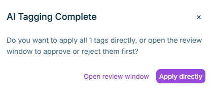The 'AI Tagging Complete' dialog with the number of prepared tags and the 'Apply directly' and 'Open review window' buttons