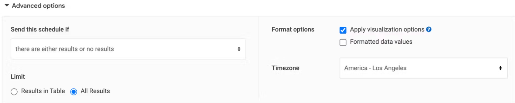 Shows the advanced options in Looker