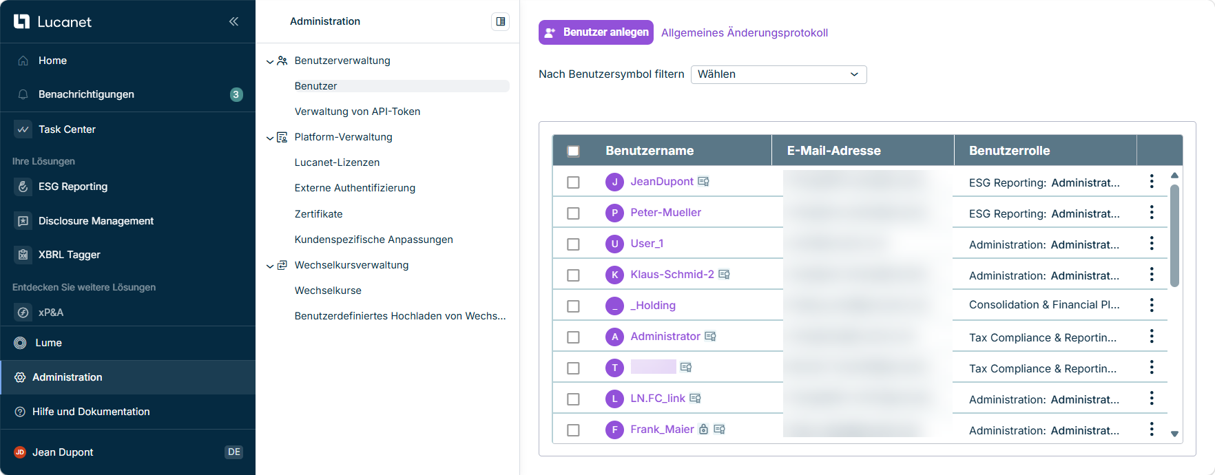 Die Benutzeroberfläche der Administration in der Lucanet CFO Solution Platform wird angezeigt.
