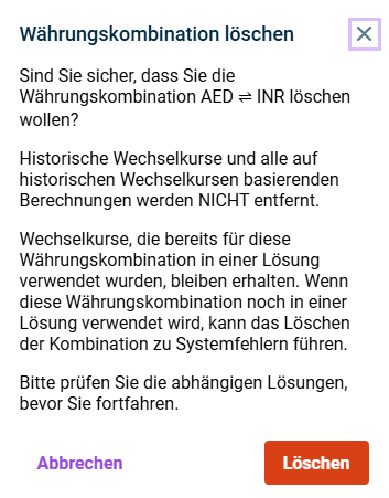 Der Dialog 'Währungskombination löschen' wird angezeigt.