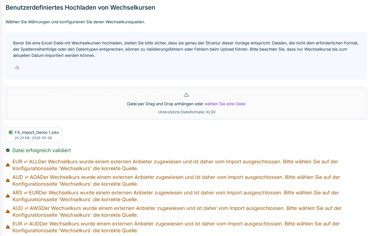 Die Validierungszusammenfassung listet die in der hochgeladenen Datei festgestellten Probleme auf. Bei der Datenextraktion werden schwerwiegende Fehler übersprungen, während Sie bei Warnungen fortfahren können.