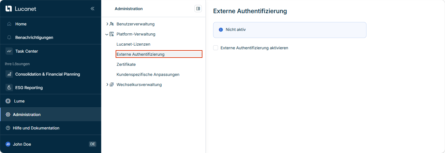 Zeigt den Arbeitsbereich 'Externe Authentifizierung' in der Platform-Verwaltung.