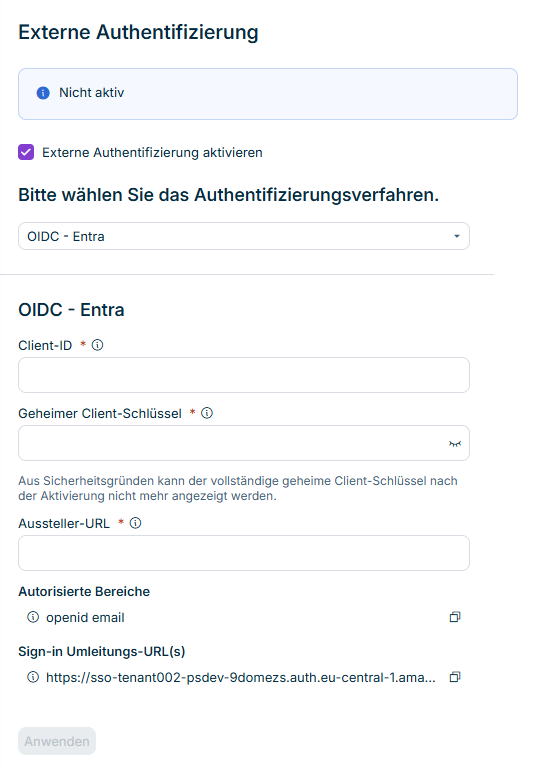 Externe Authentifizierung mit den Optionen zur Konfiguration von 'OIDC' für Microsoft Entra ID, einschließlich der Validierung der Aussteller-URL.