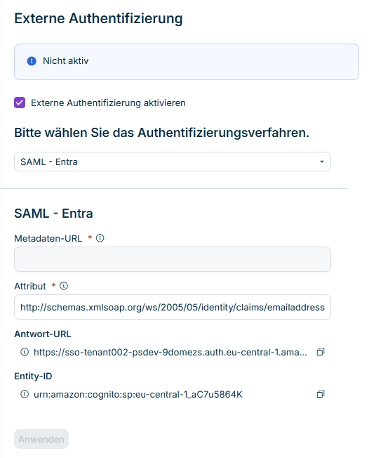 Externe Authentifizierung mit den Optionen zur Konfiguration von 'SAML' für Microsoft Entra ID.