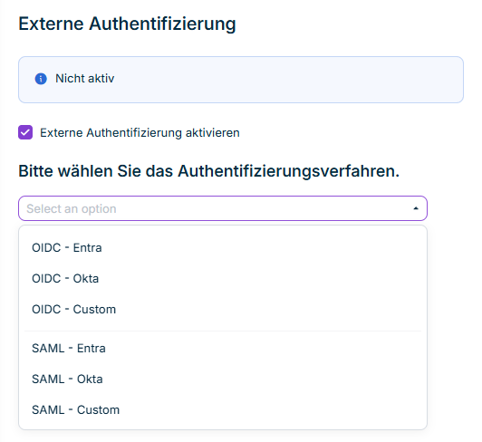 Zeigt das Menü zur Auswahl des Authentifizierungsverfahrens mit den OIDC- und SAML-Optionen für Entra, Okta und Custom.