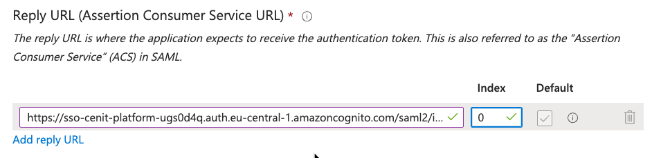 Zeigt den Bereich 'Reply URL' im Azure Portal an. Die Antwort-URL wurde in das entsprechende Feld eingefügt.