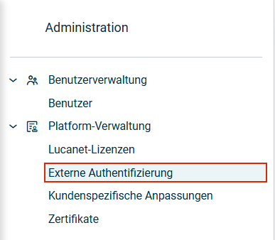 Zeigt den Arbeitsbereich 'Externe Authentifizierung' in Lucanet an