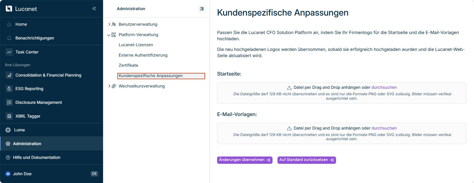 Zeigt den Arbeitsbereich 'Kundenspezifische Anpassungen' an.
