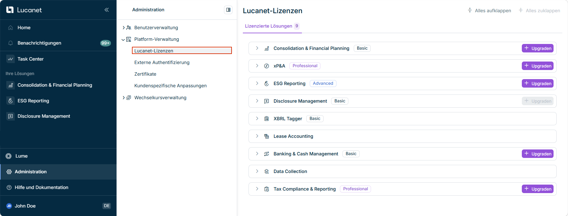 Zeigt den Arbeitsbereich 'Lucanet-Lizenzen' mit einer Karte pro lizenzierter Lösung auf dem Reiter 'Lizenzierte Lösungen'.