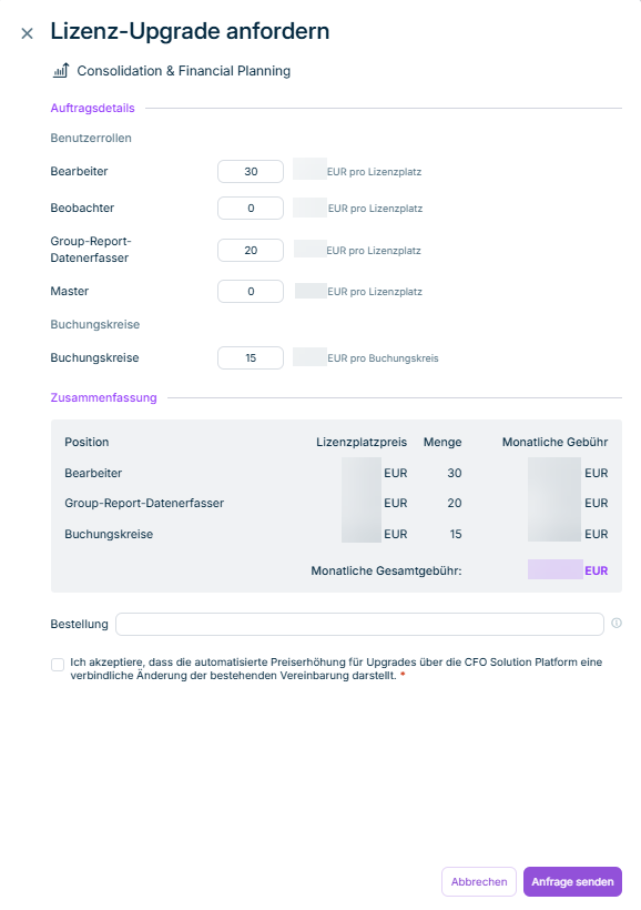 Zeigt den Dialog 'Lizenz-Upgrade anfordern' an.