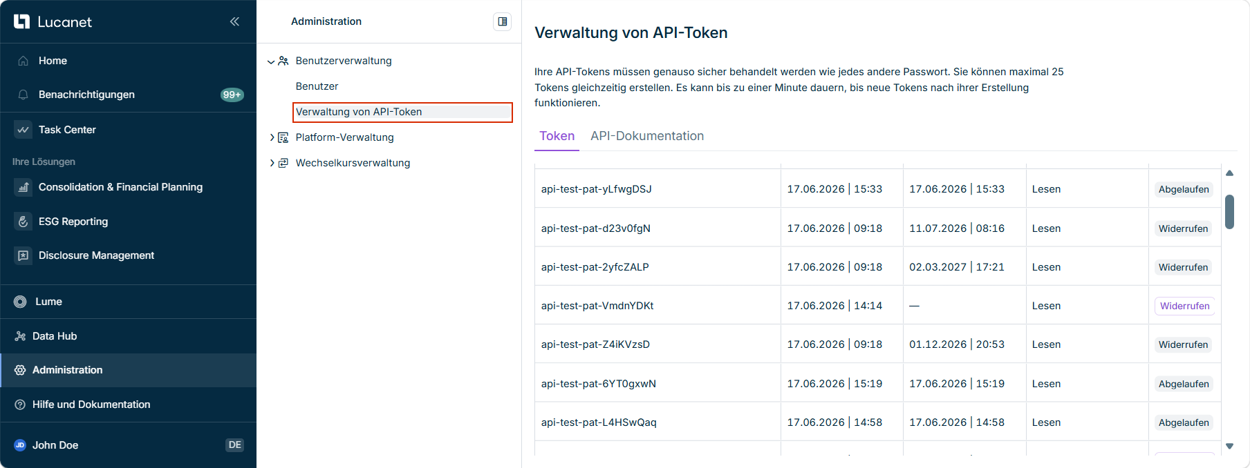 Zeigt den Arbeitsbereich 'Verwaltung von API-Token' mit der Liste der API-Token.
