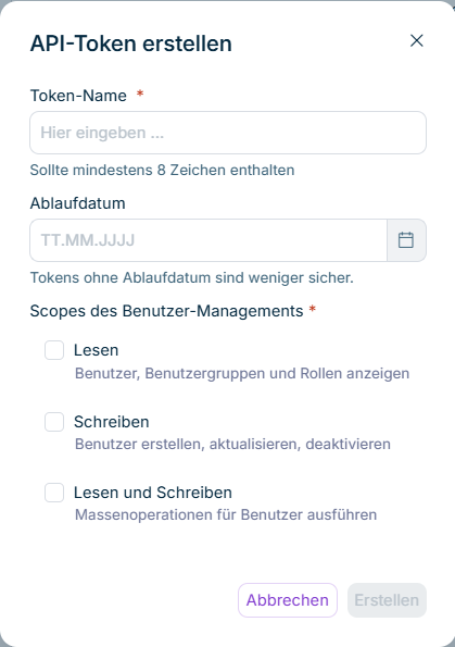 Zeigt den Dialog 'API-Token erstellen' mit Token-Name, Ablaufdatum und den Scope-Optionen.