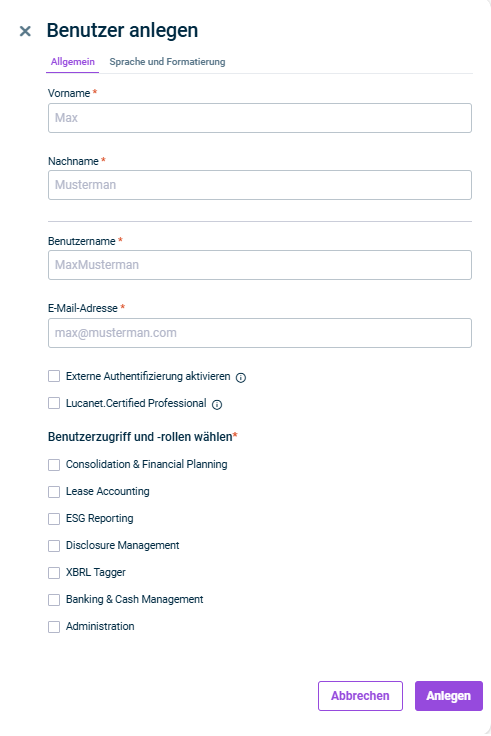 Die Seitenleiste 'Benutzer anlegen' mit dem Reiter 'Allgemein' wird angezeigt. Der Reiter 'Sprache und Formatierung' ist ausgegraut.