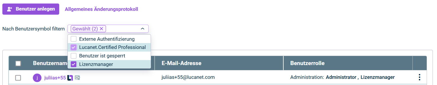 Die Benutzerübersicht mit dem Filter nach Benutzersymbol oberhalb der Liste wird angezeigt. In der Dropdown-Liste hinter dem Filter sind die Kontrollkästchen 'Lucanet.Certified Professional' und "Benutzer ist gesperrt" aktiviert. Das Kontrollkästchen 'Externe Authentifizierung' ist nicht aktiviert.